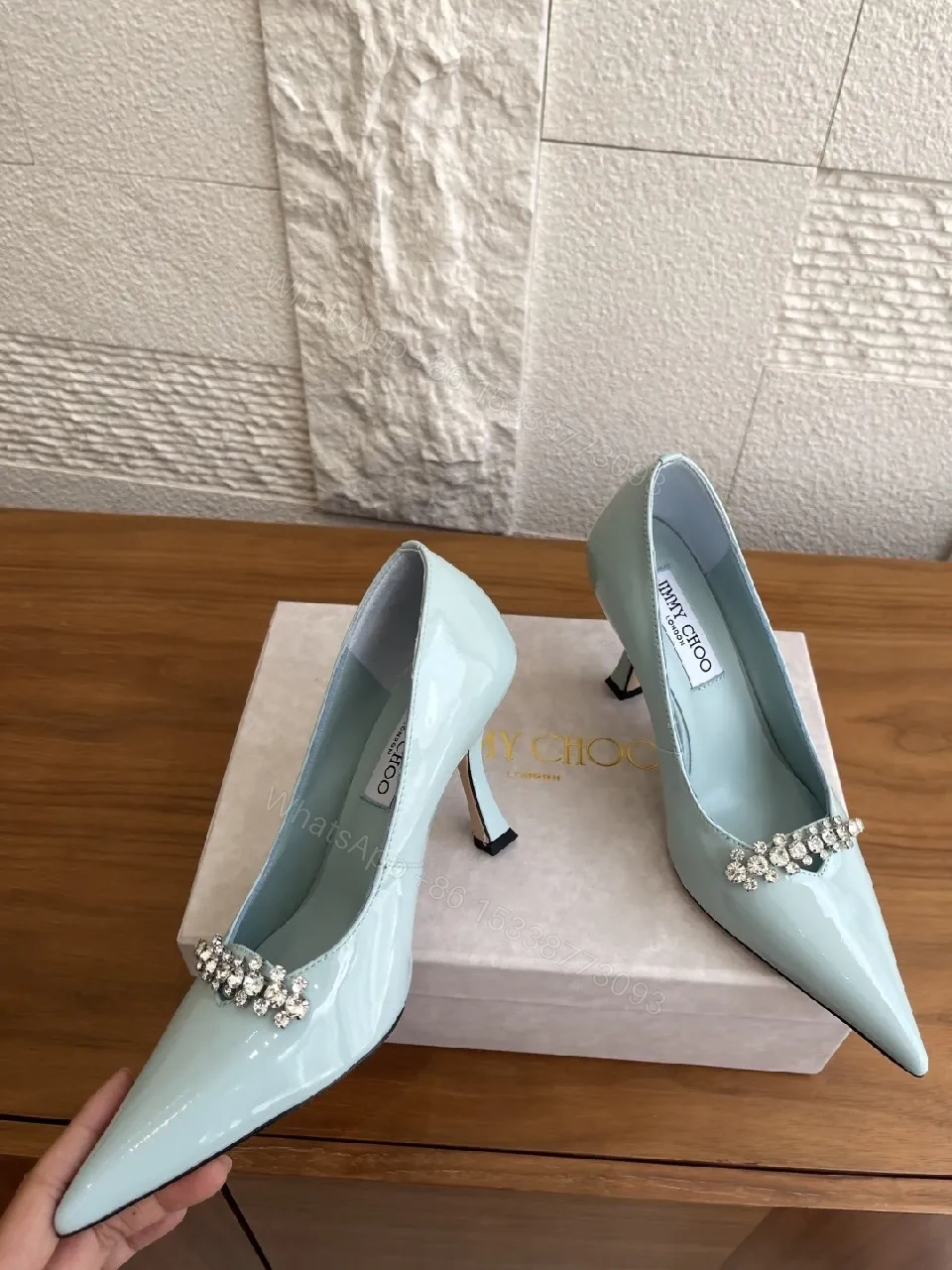 View 3 of Mint Satin Crystal-Embellished Pointed Pumps