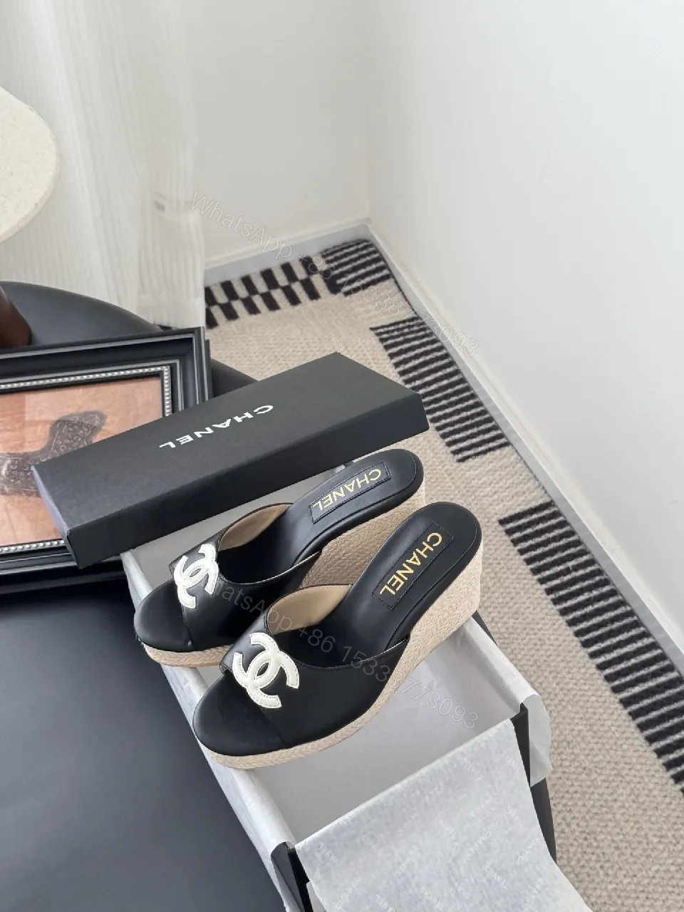 View 9 of Black Leather Espadrille Wedges, Signature Logo, Cushioned Comfort