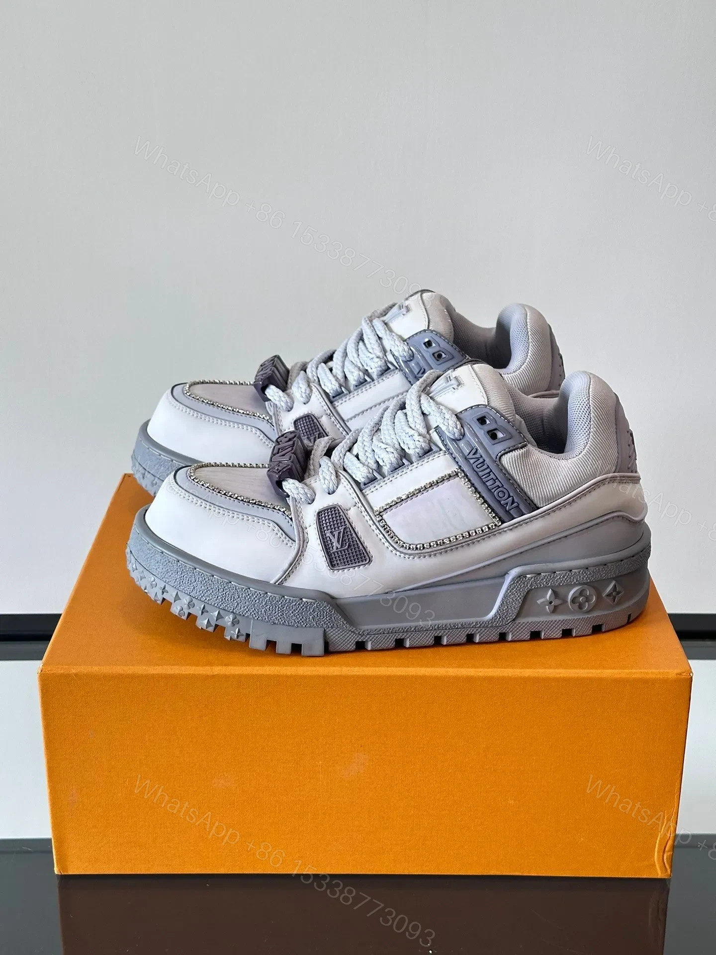 View 3 of LV Men White Leather Gray Accents Sneakers
