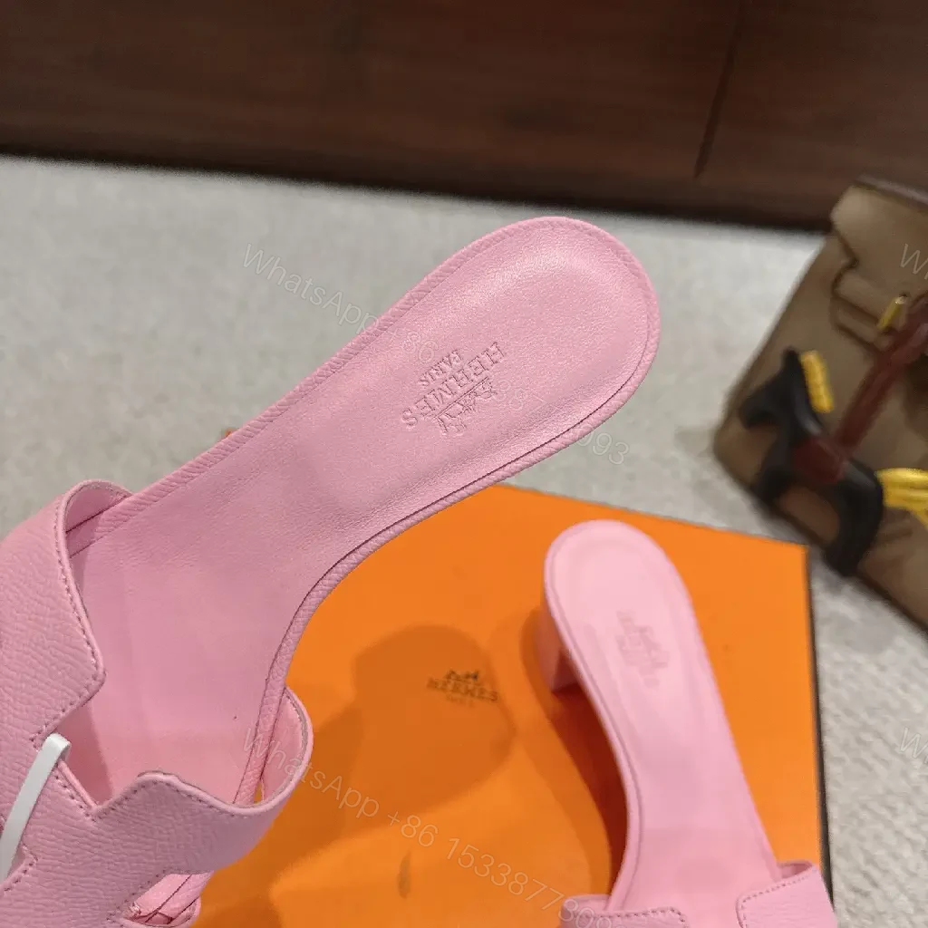 View 10 of Pink Leather Hermès-Style Slide Sandals with H-Logo Strap