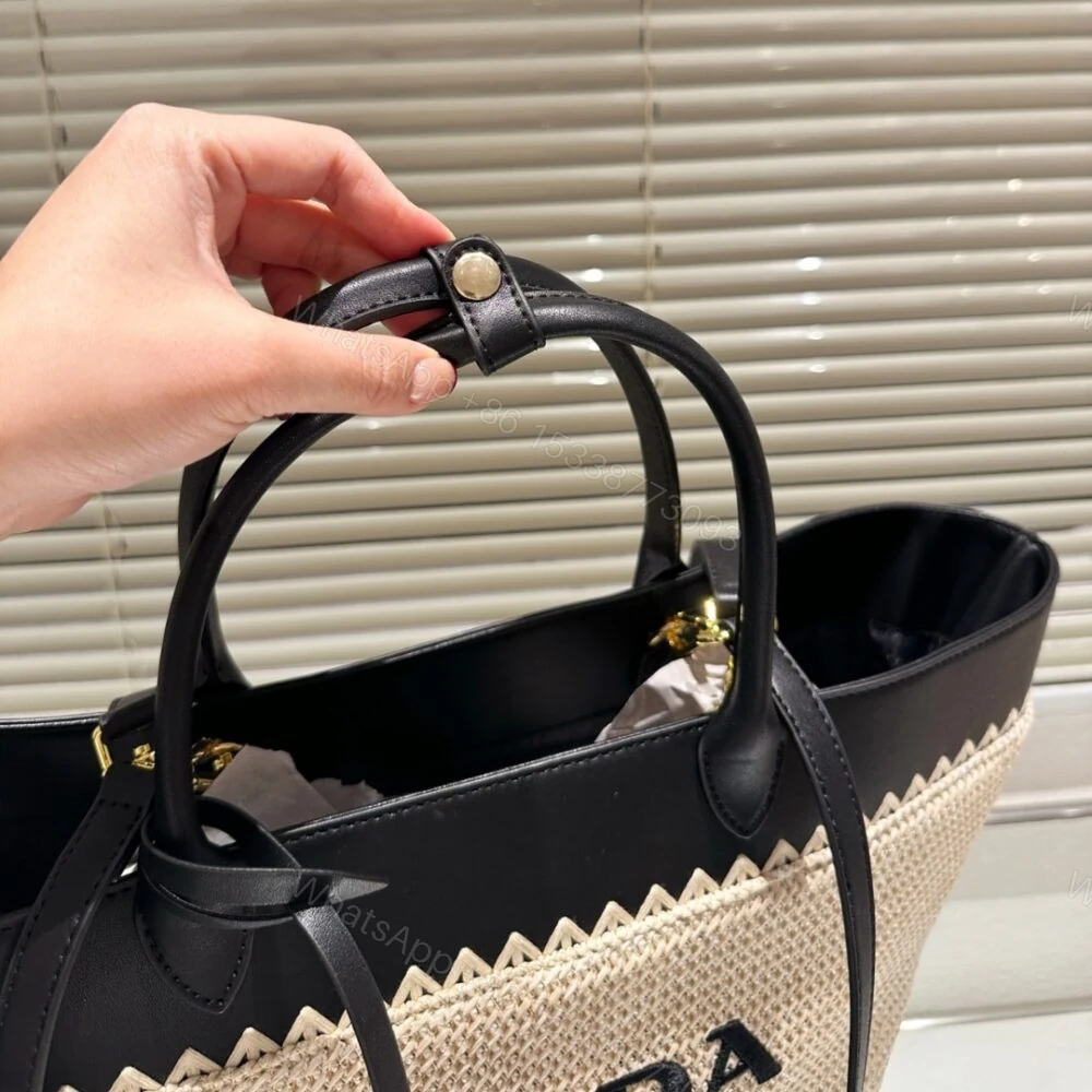 View 5 of Prada Crochet And Leather Tote Bag Tan And Black 33Cm 1BG499 2M2Q F0I55 V GOO