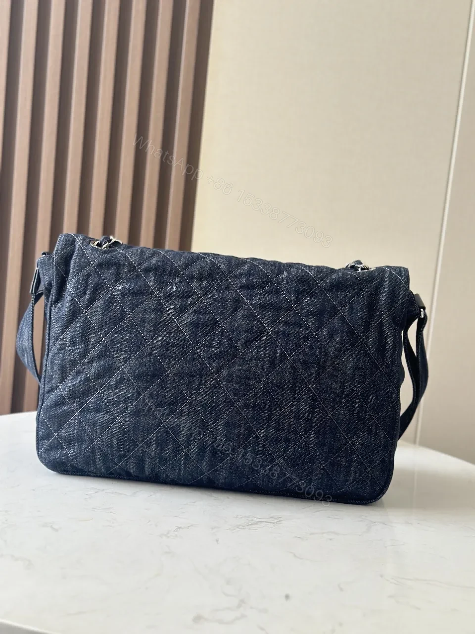 View 6 of Denim-Textured Quilted Bag with Chain-Detail Handle