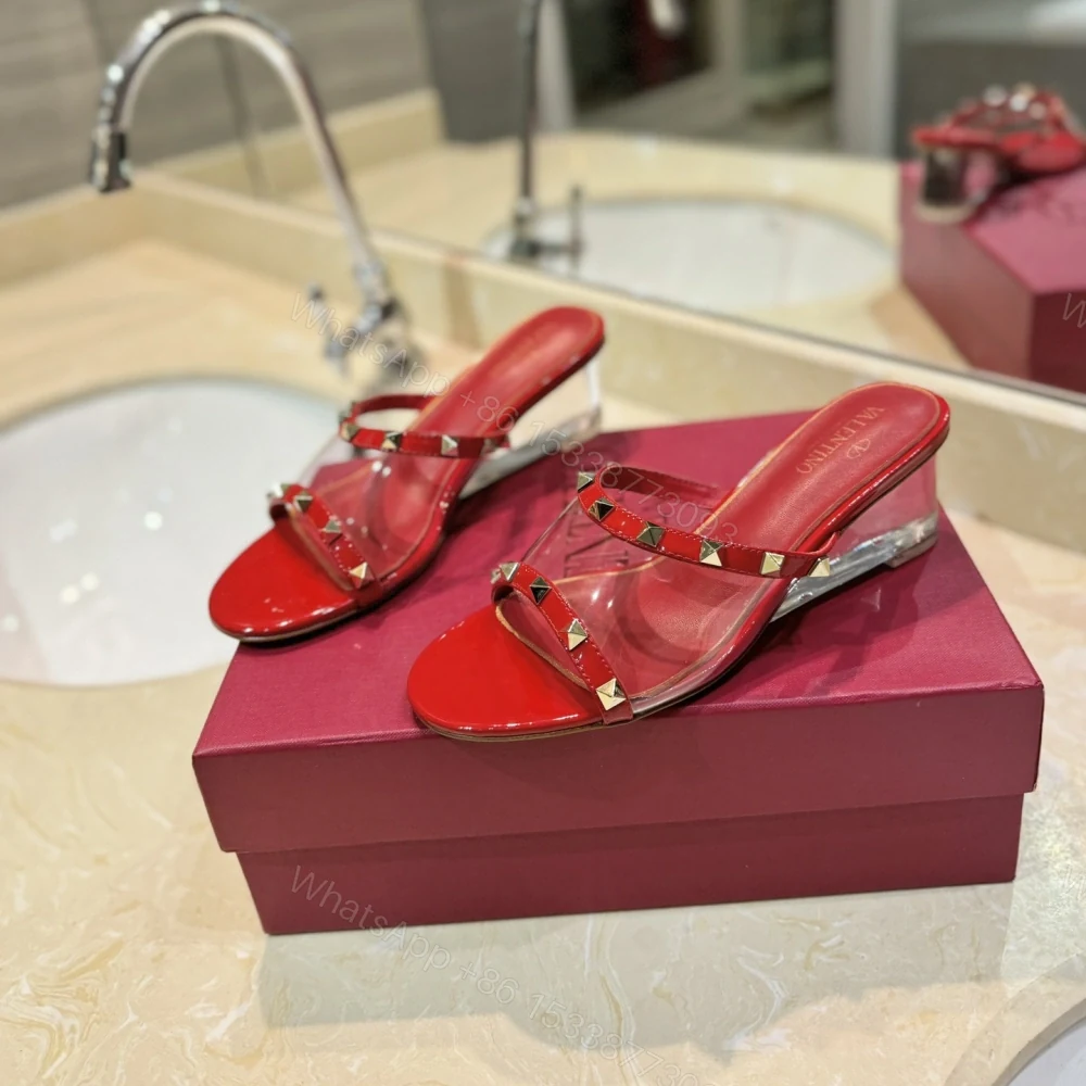 高仿Valentino*2W0S0GJ鉚釘水晶踭涼鞋紅色膠片4.5CM免檢版 — view 1
