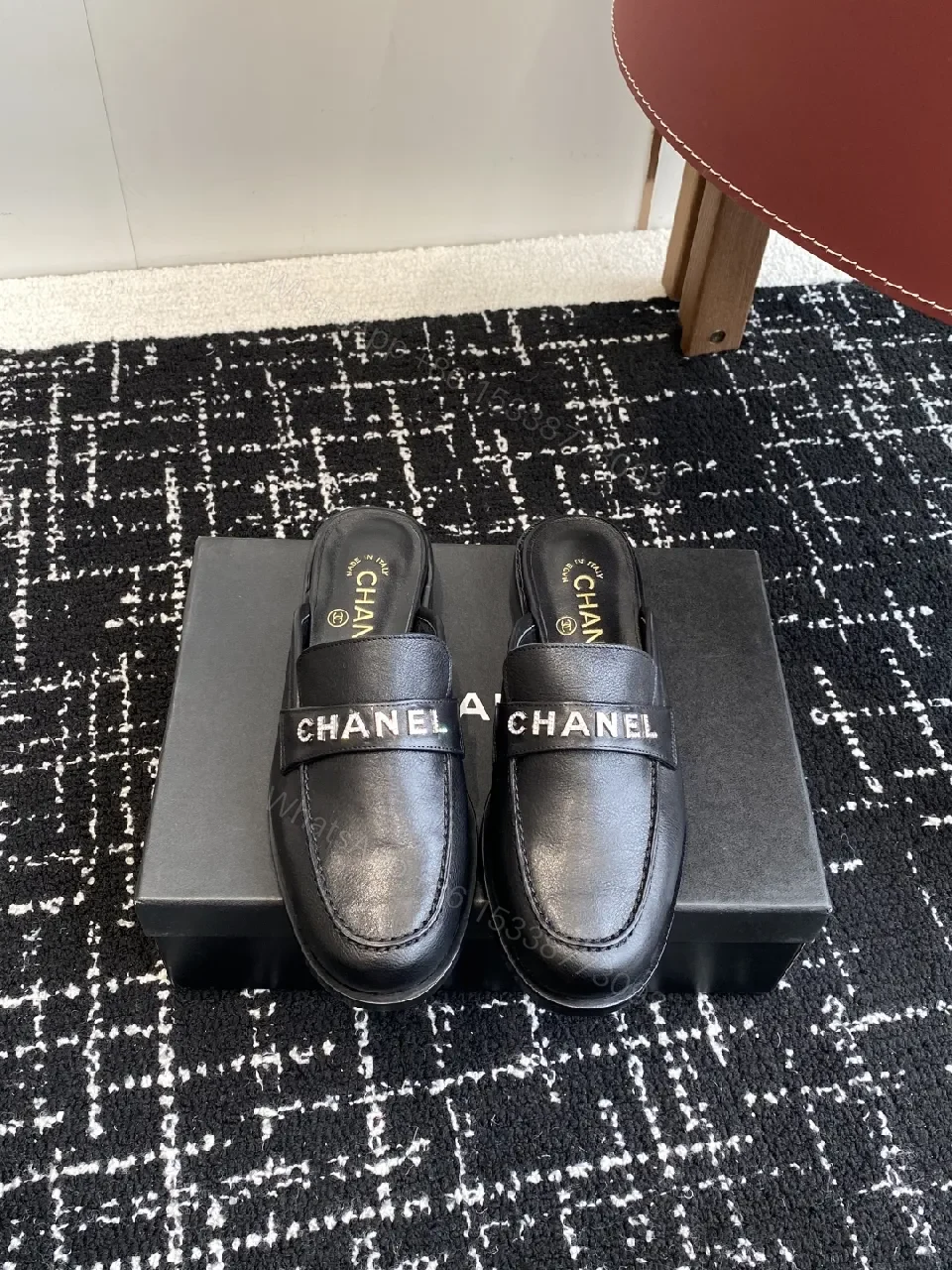 View 3 of Black Leather Slides with Logo Straps - Luxe Everyday Comfort