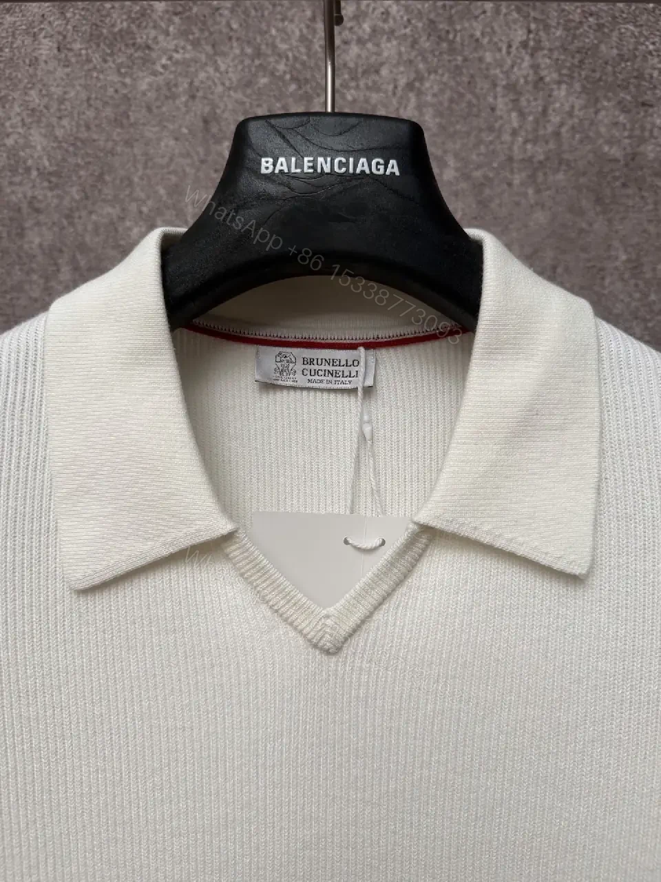 View 4 of Off-White Cream Ribbed Knit Polo Sweater, Short Sleeve, Drop-Shoulder