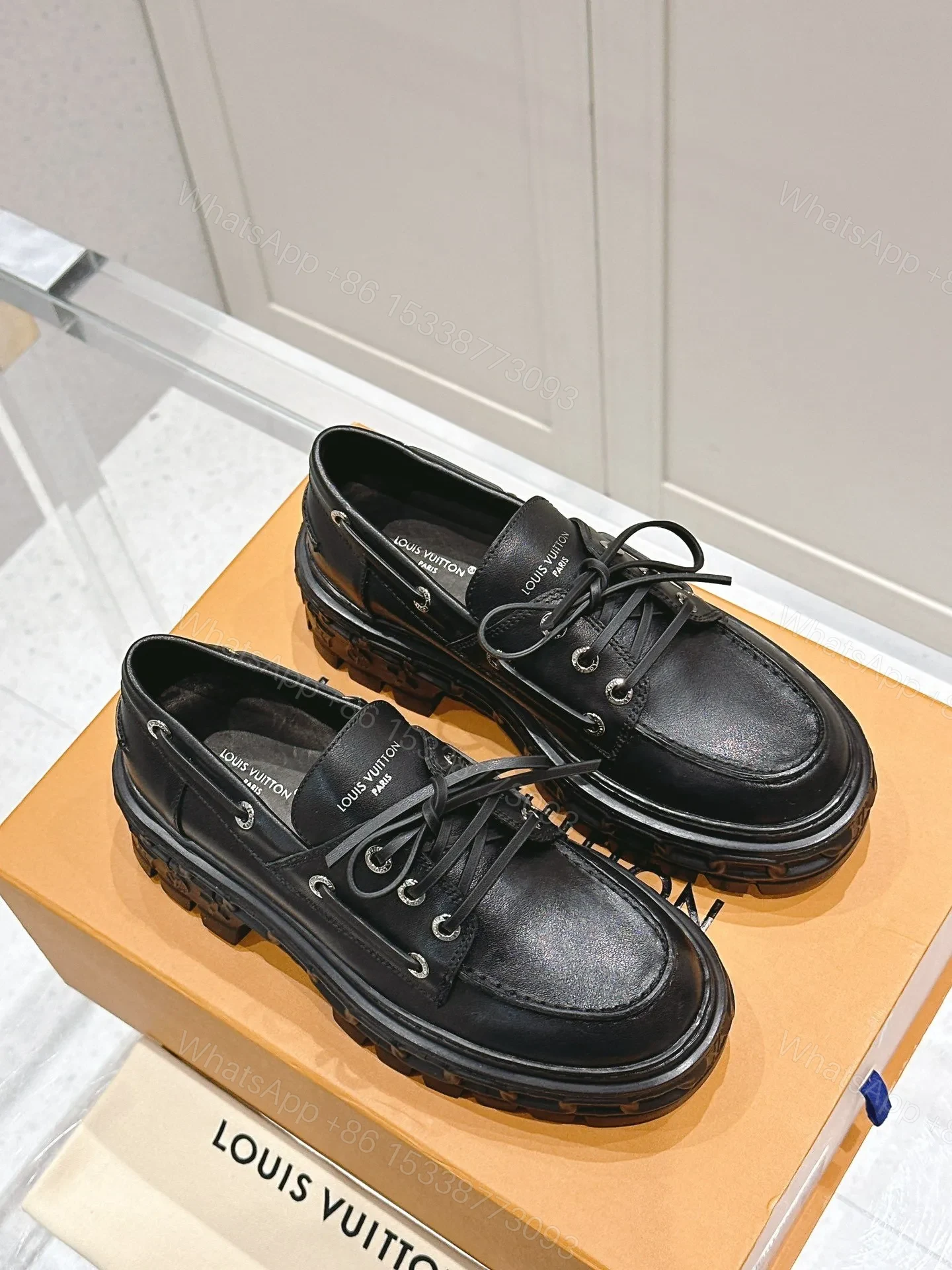 View 3 of LV Women Black Leather Chunky Loafers