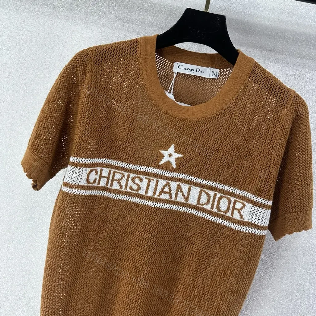 View 6 of Brown Knit Tee Wool Casual Dior Stripe Logo Top