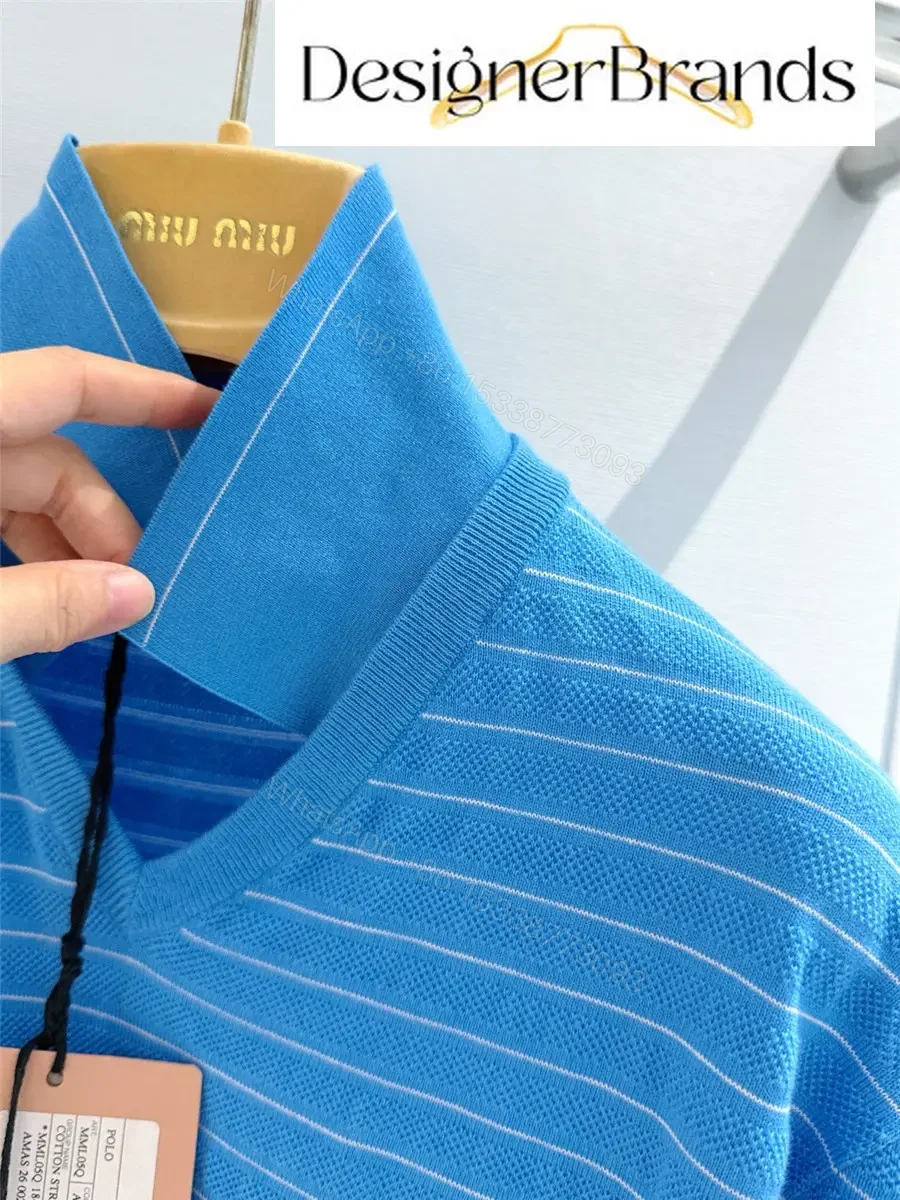View 8 of Miu Miu Blue and White Striped Cotton V-Neck Knit Sweater