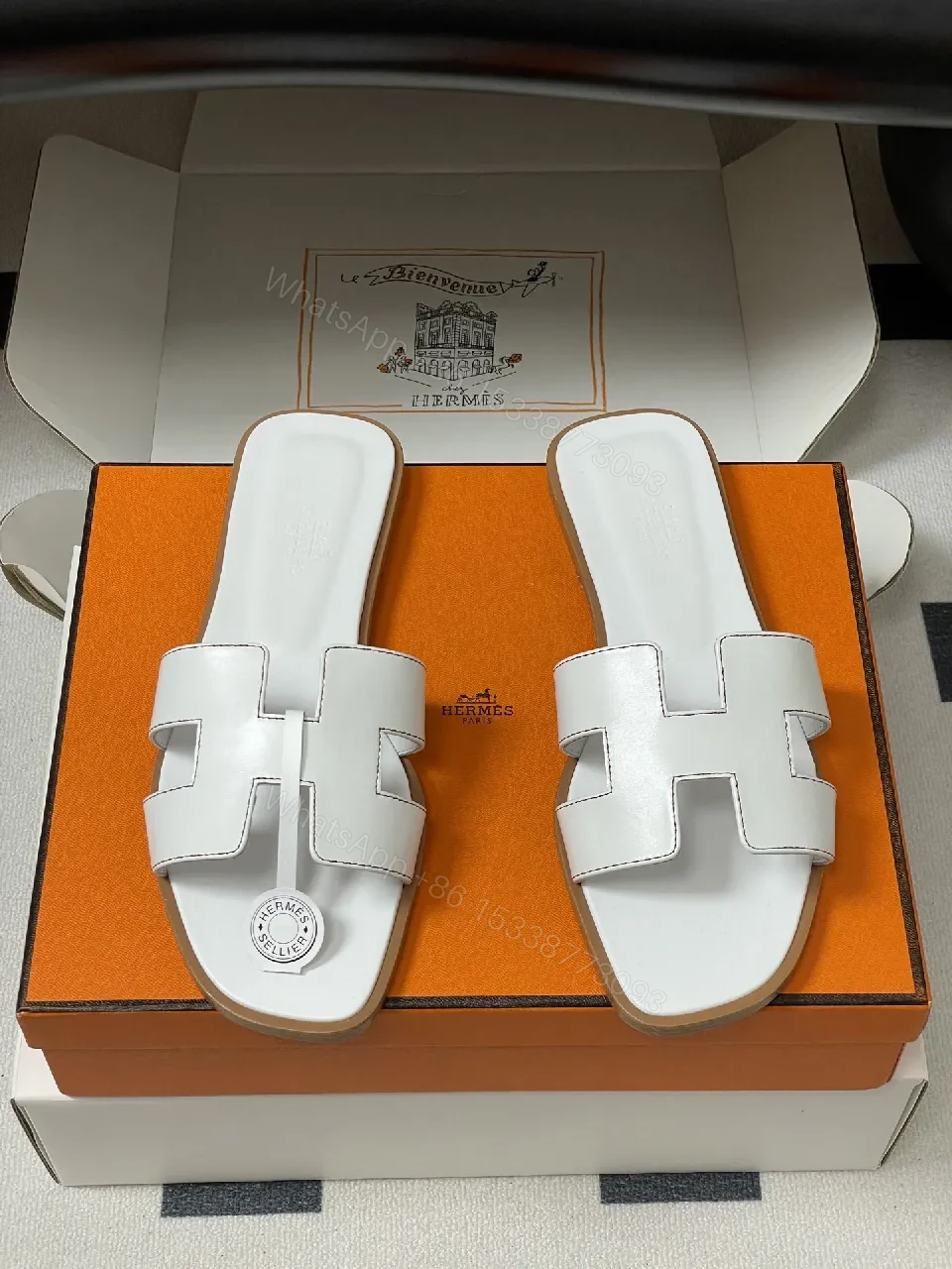 View 8 of White Leather Sandals, H-Cutout, Open-Toe, Comfortable Footbed