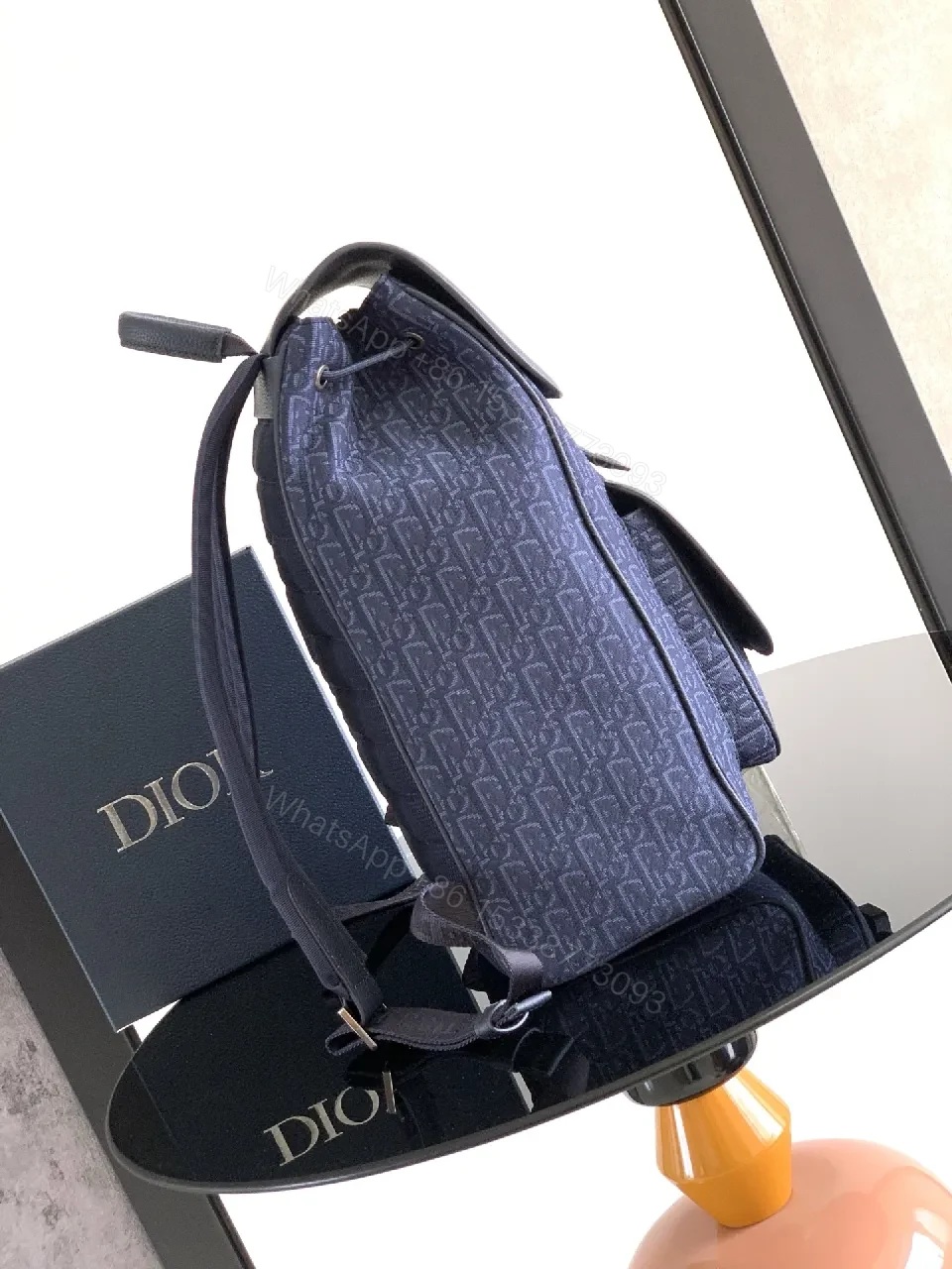 View 5 of Navy Monogram Leather-Trim Compact City Backpack