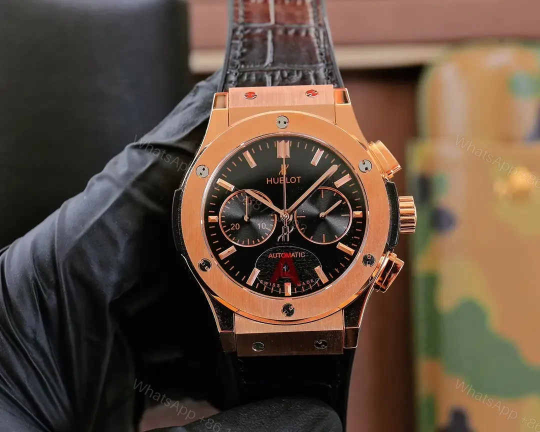 Super Clone Hublot Classic Fusion Black Dial Rose Gold Leather Strap Premium 45MM HUBLOT-CF-RG-BLK45 — view 1