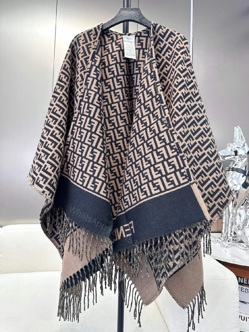 View 3 of Two-Tone Knit Wrap Poncho: Open-Front Fringe, Cozy Luxury