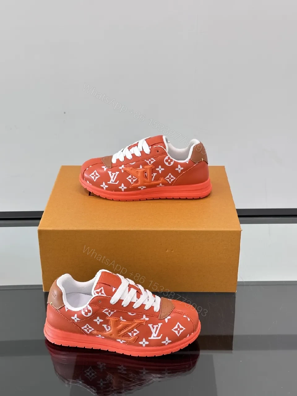 View 8 of Bold Orange-Red Monogram Sneaker: Luxe Designer-Inspired High-Tops