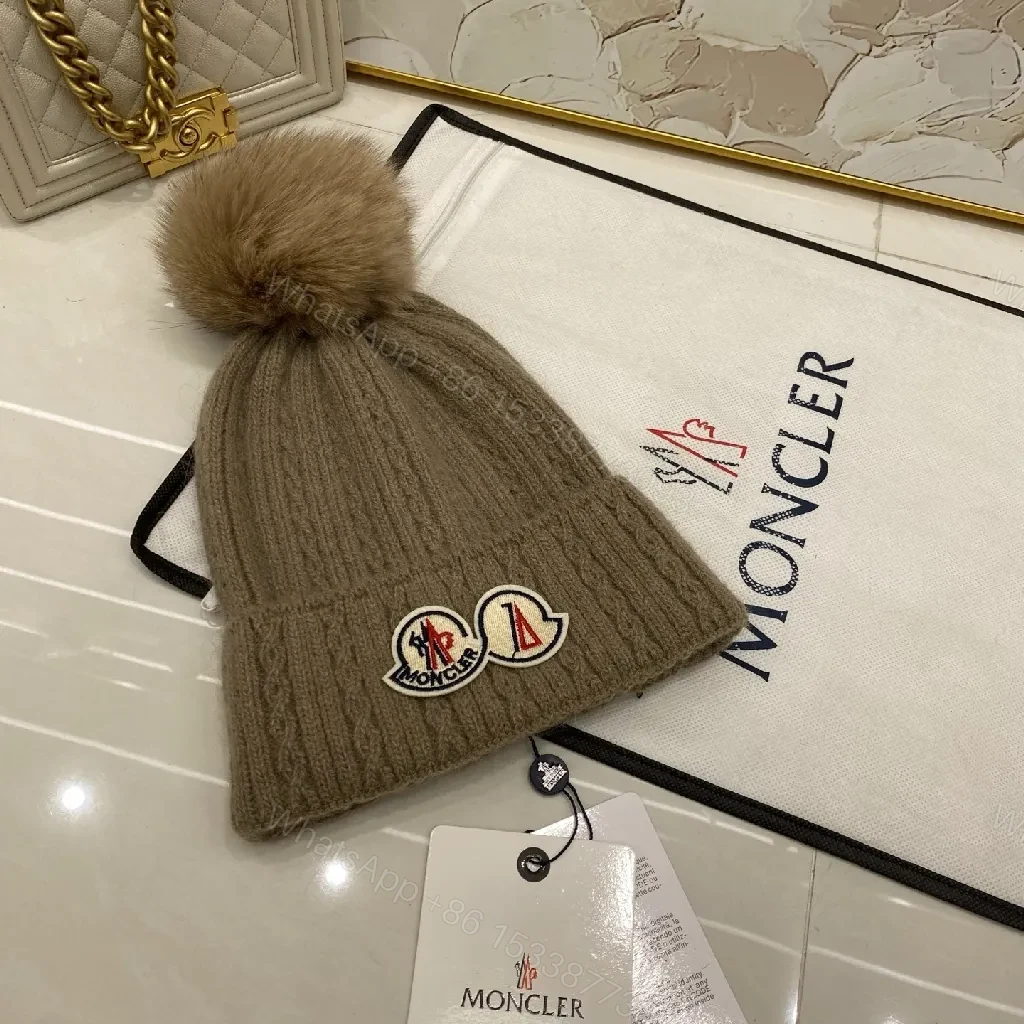 View 3 of Cozy Luxe Beanie with Pom Poms - Premium Warmth, Moncler Patch