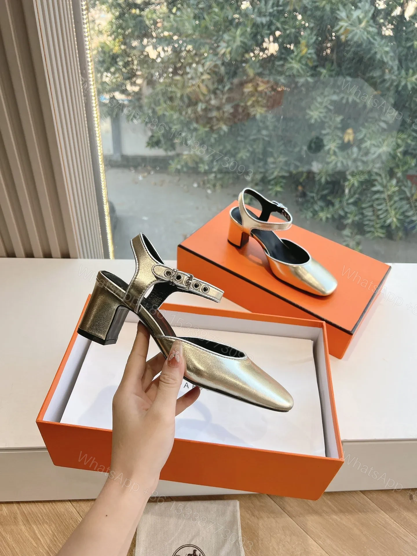 View 3 of Hermes Women Silver Leather Square Toe Heels