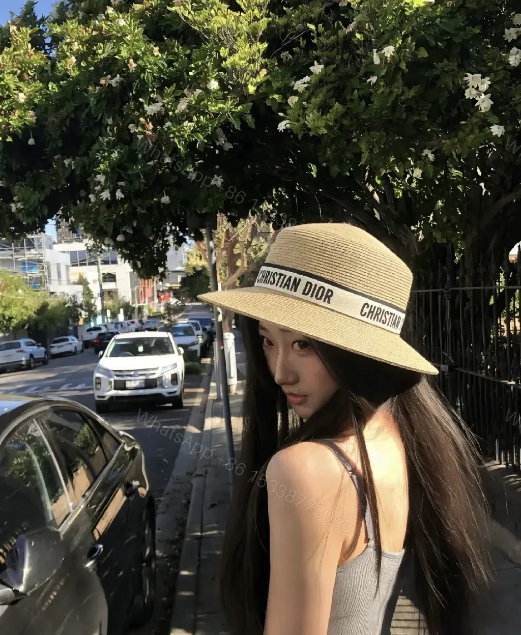View 3 of Light Beige Straw Fedora Boater Hat with Black-White Band (Christian Dior)