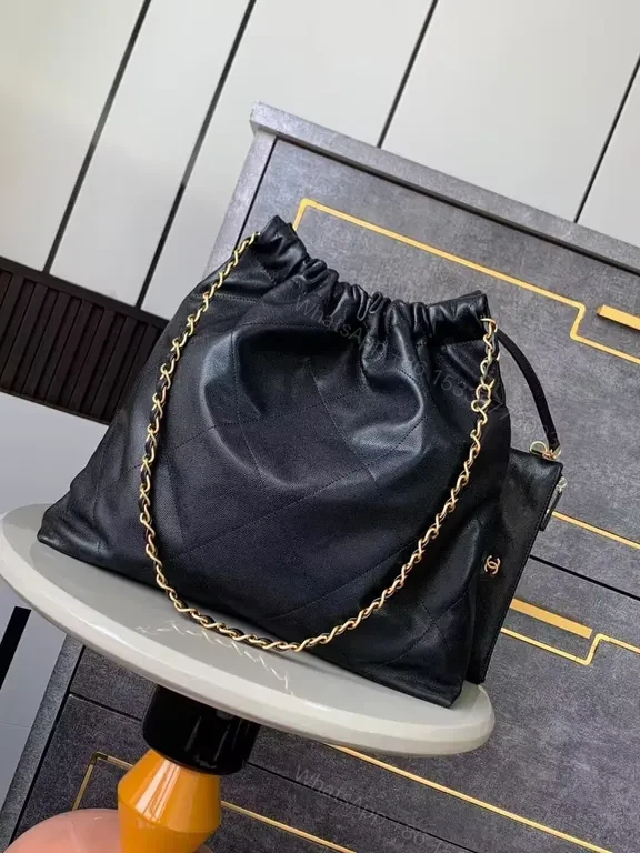 View 3 of Chanel-Inspired Black Leather Shoulder Bag with Gold Chain