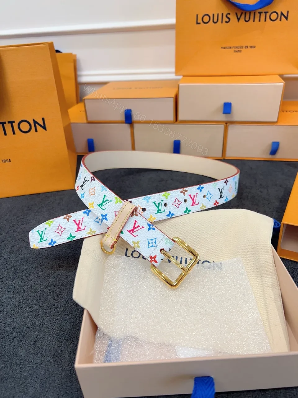 View 3 of Colorful Monogram Belt in Textured Leather with Gold Buckle
