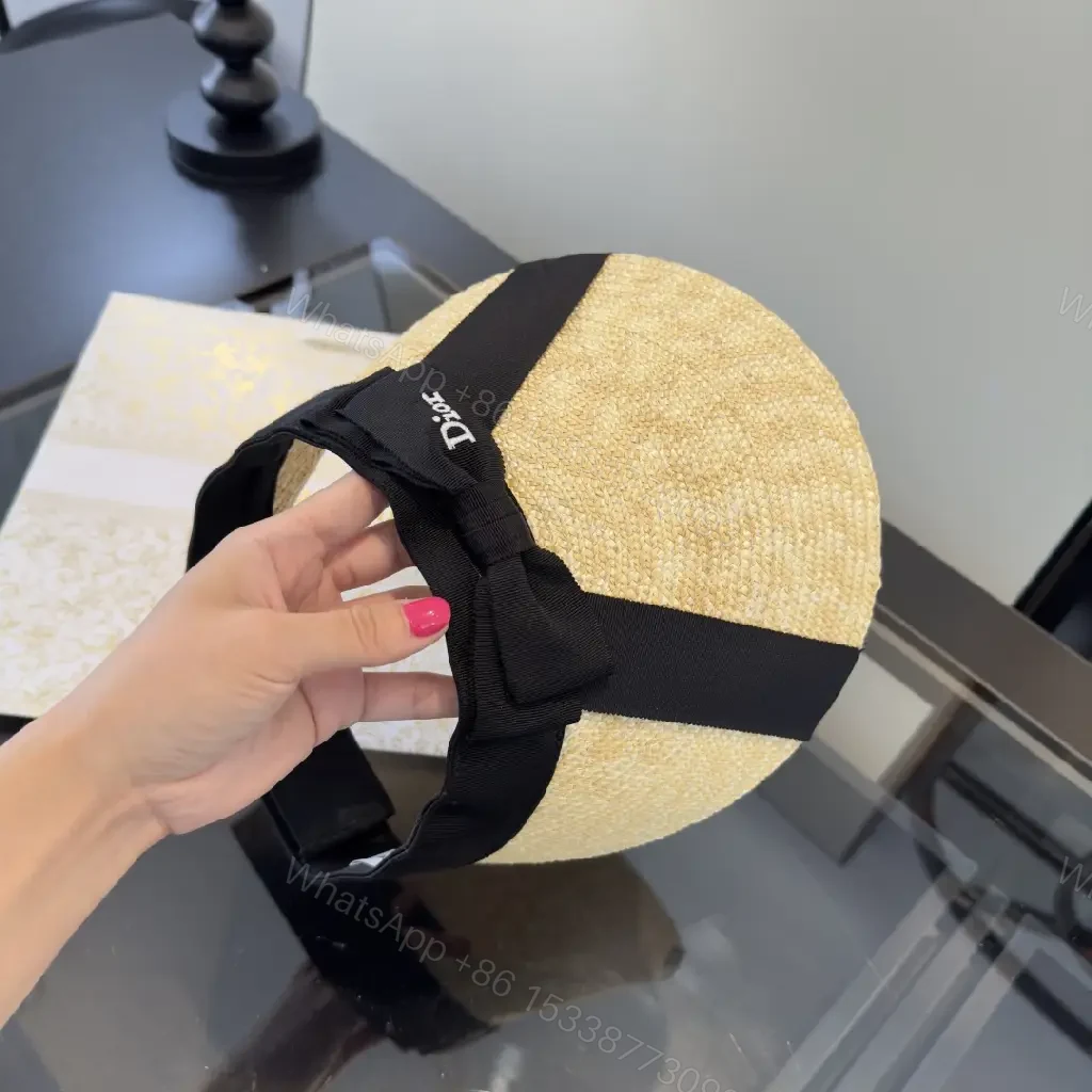 View 10 of Beige Straw Chic Sun Hat Visor, Woven, Faux Dior Ribbon