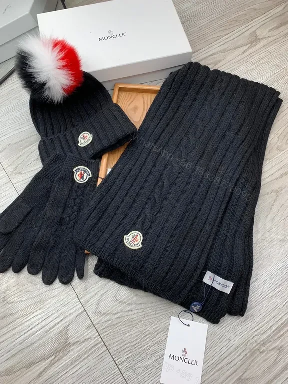 View 2 of Chic Black Wool Cable-Knit Set: Moncler Scarf & Beanie Gloves