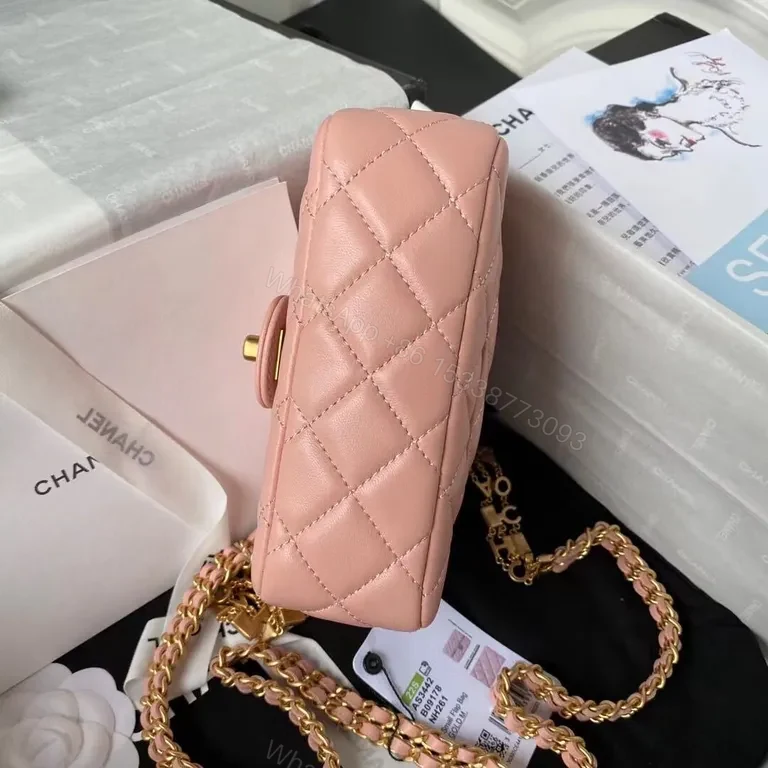 View 5 of Chanel-Inspired Quilted Flap Bag: Soft Pink, Gold Chain