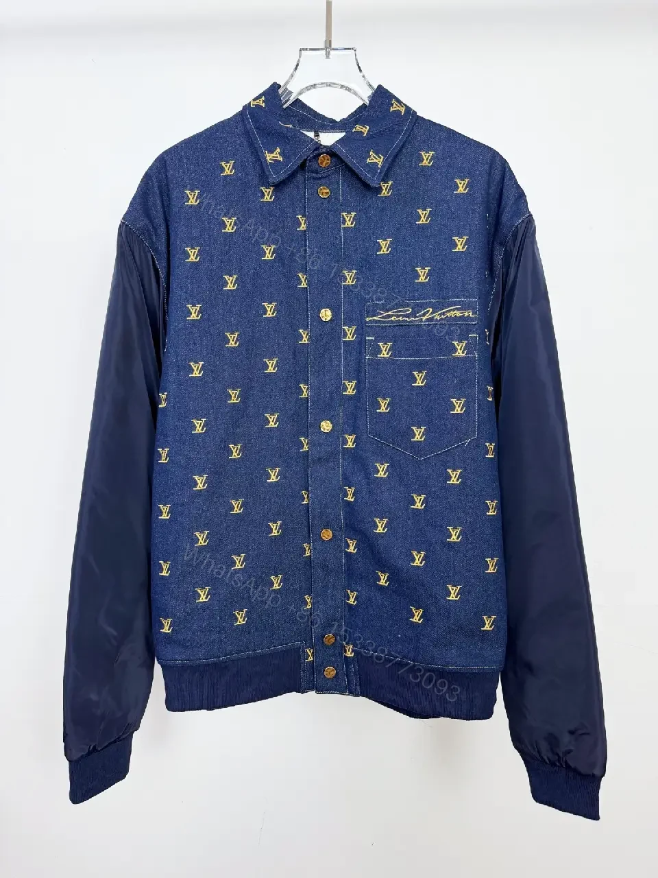 Denim Bomber Jacket with Gold Monogram Detailing and Contrast Sleeves — view 1