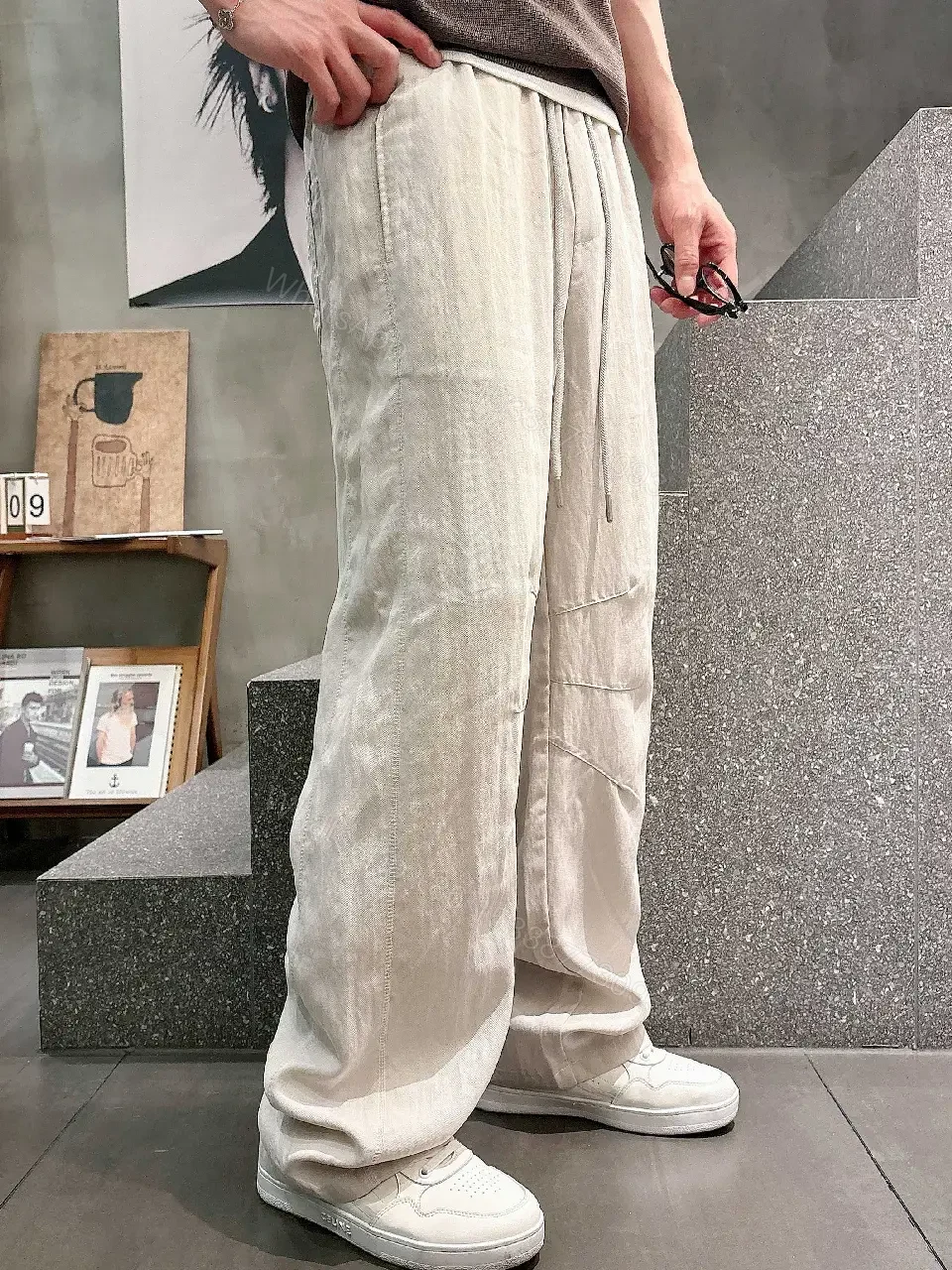 View 11 of Light Beige/Off-White Cargo Pants with Drawstring Waist, Relaxed Fit