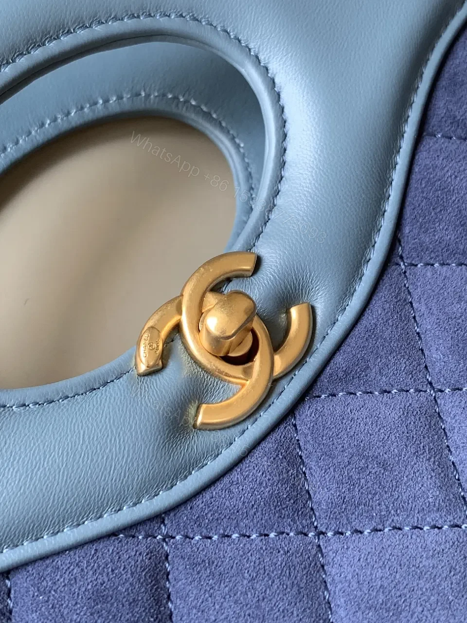 View 8 of Quilted Mint-Blue Tote with Gold Hardware, Chic Style