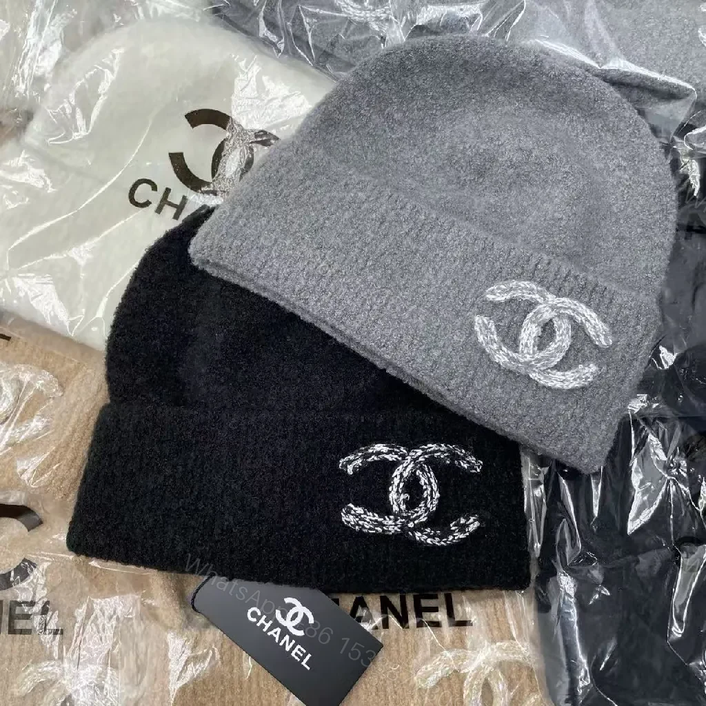 Gray Knit Beanie, Plush Fleece, Couture-Inspired Emblem — view 1