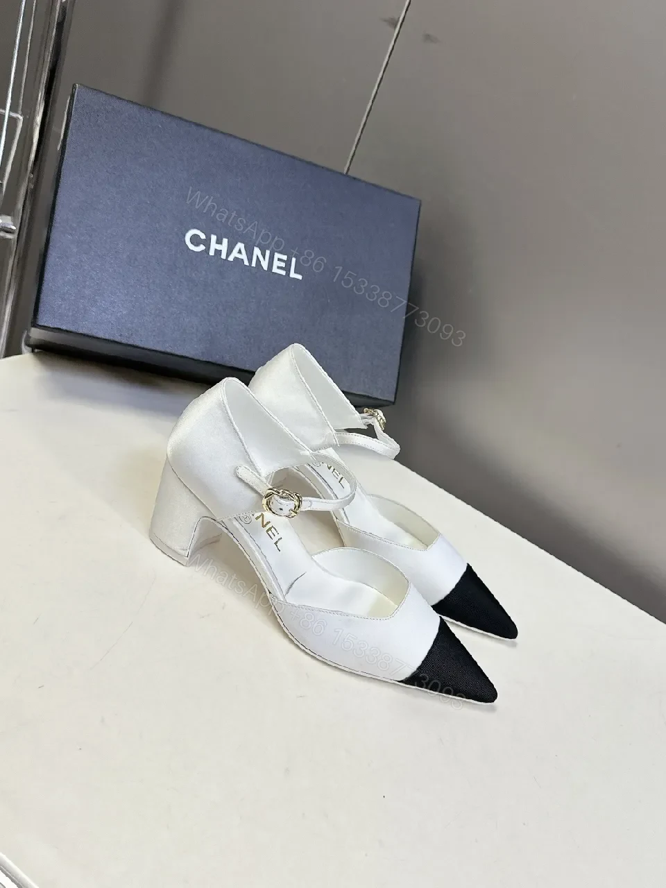 View 4 of White & Black Pointed-Toe Heel with Ankle Strap - Designer-Inspired Luxe Heel