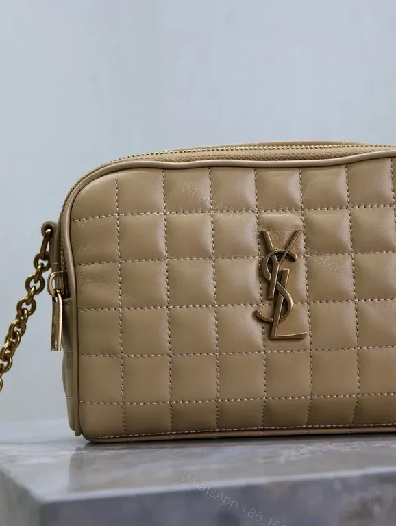 View 4 of Taupe Quilted Crossbody Bag with Gold YSL-Inspired Logo