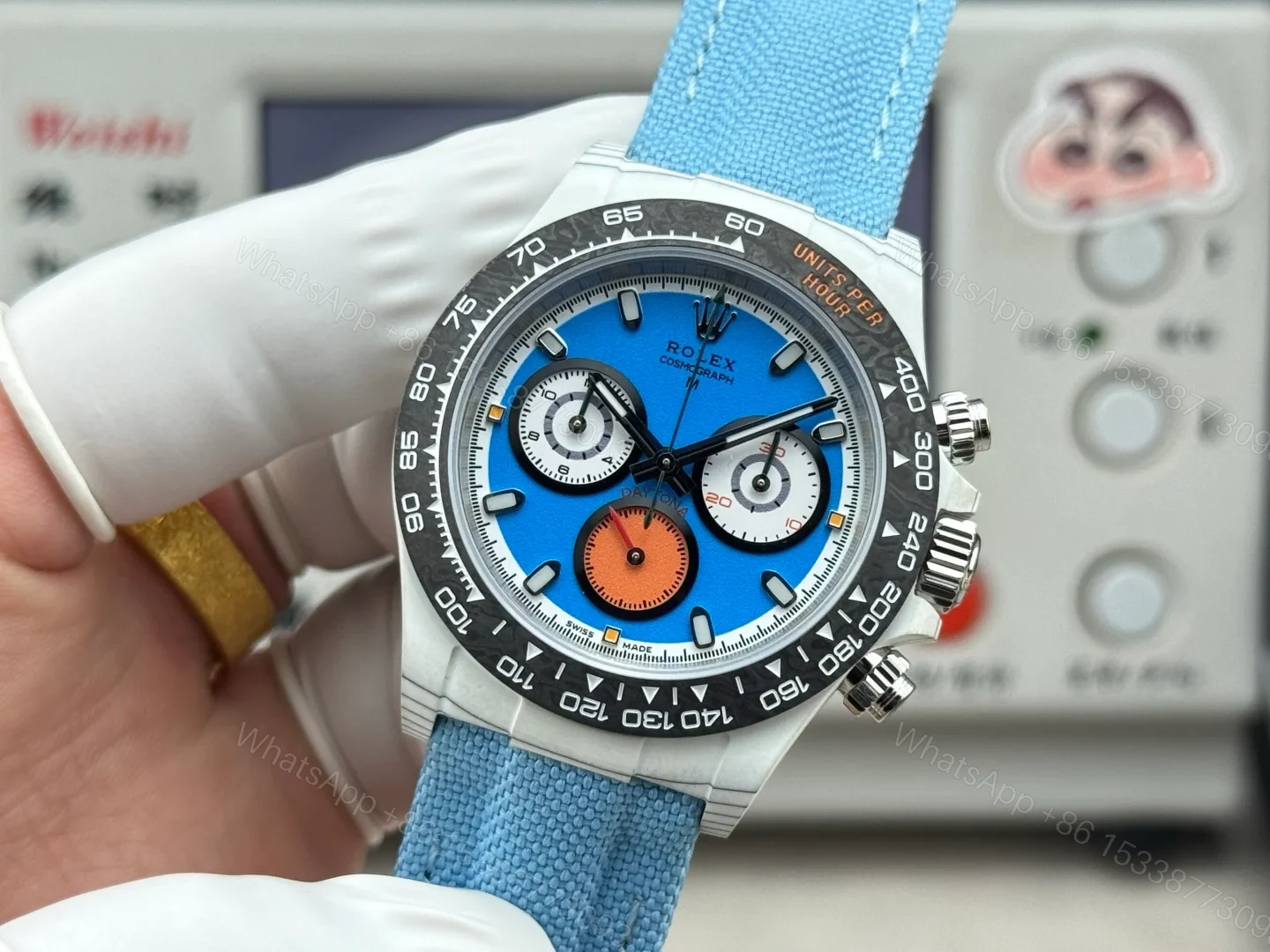 View 3 of Rolex Daytona Carbon Fiber Blue Replica 40MM Premium Black Bezel Blue Fabric Strap R74-BLUE