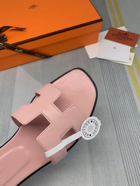 View 2 of Pastel Pink Hermes Oran Slides - Luxury Calf Leather Sandals
