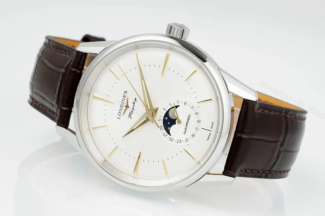 View 5 of Longines Classic Flagship Moonphase Watch Silver Dial Brown Leather Strap Vintage Style