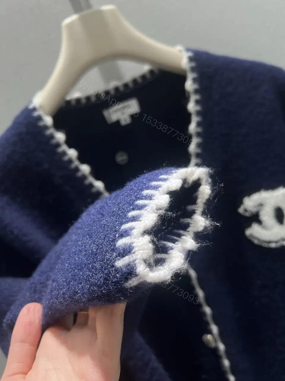 View 10 of Navy Bouclé Knit Cardigan with Logo Detail