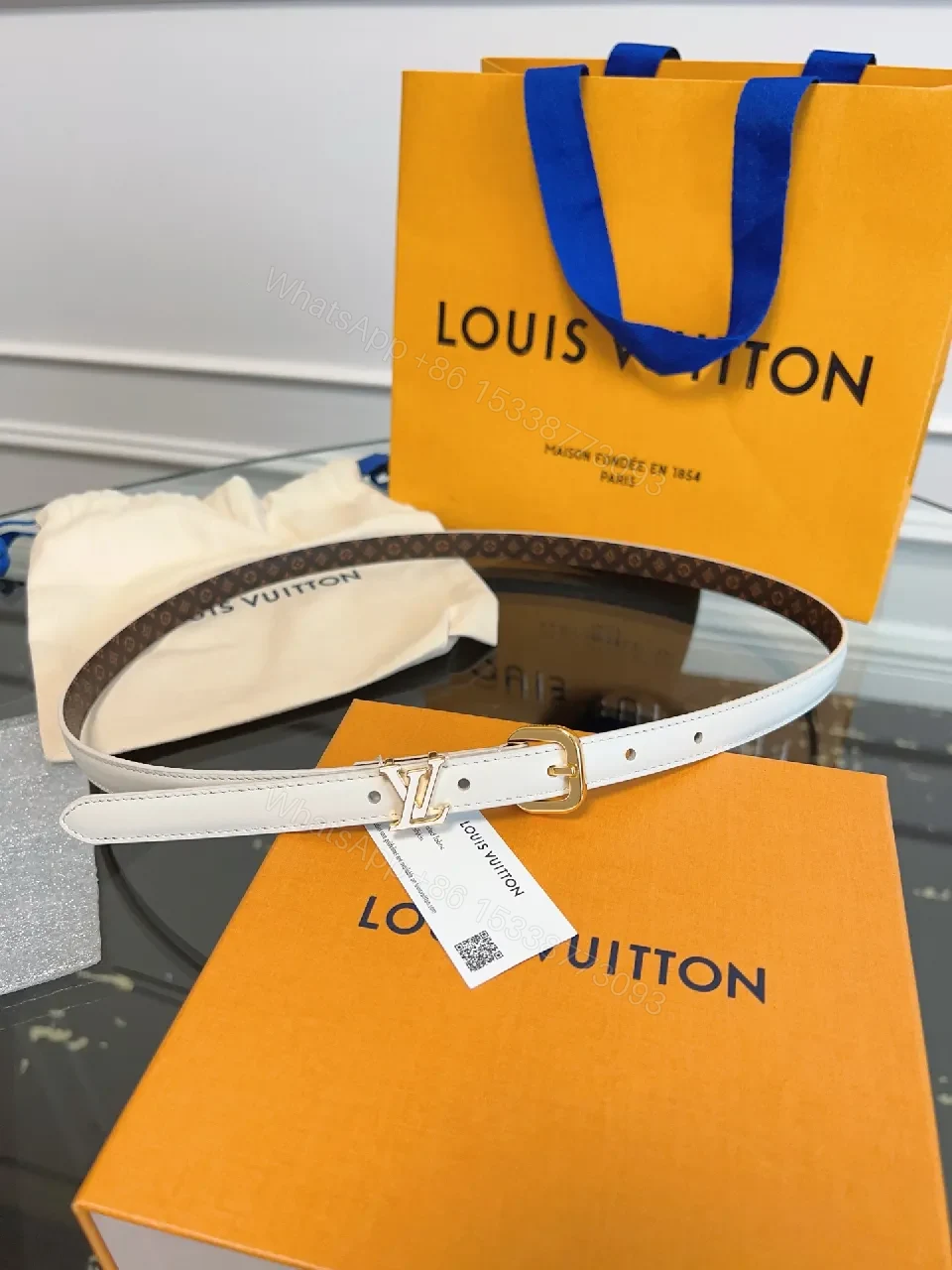 View 8 of Ivory Leather Belt with Gold Hardware – Classic Luxe Belt