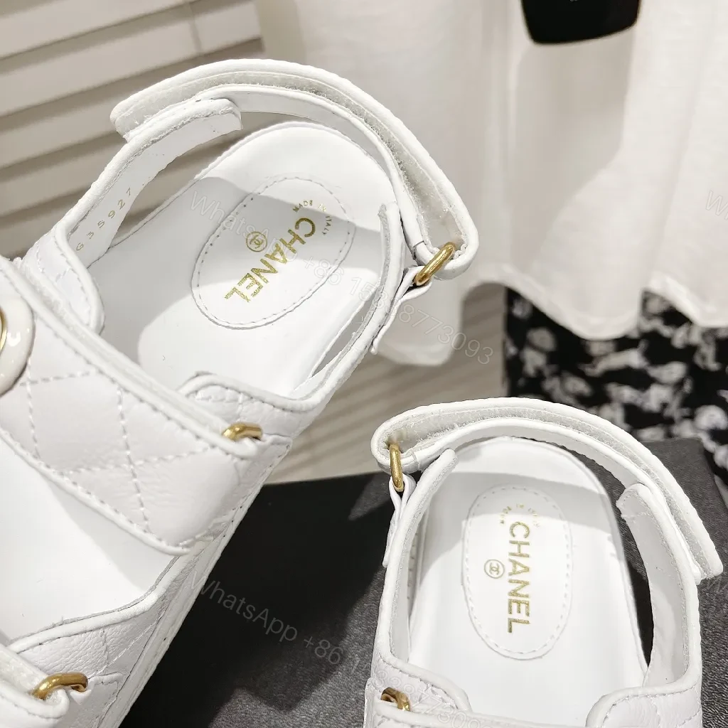 View 4 of White Quilted Sandals with Gold Hardware, Comfortable Luxury