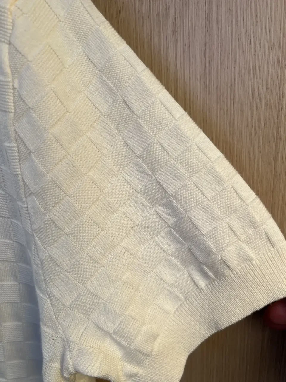 View 10 of Off-White Cream Polo Shirt, Subtle Grid Pattern, 3-Button Placket