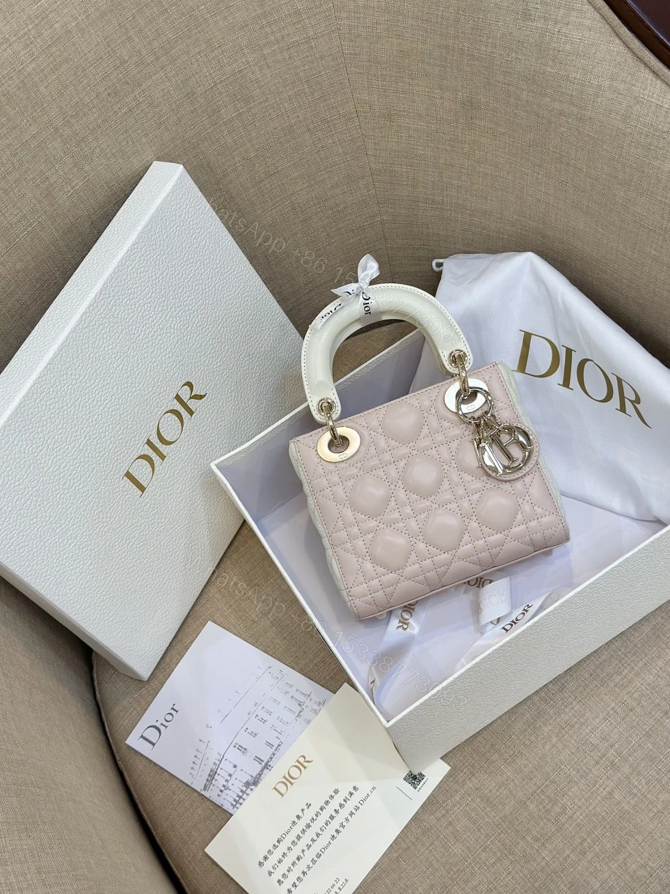 View 8 of Dior Lady Mini Handbag for Women Pink Cowhide Like Auth 18cm