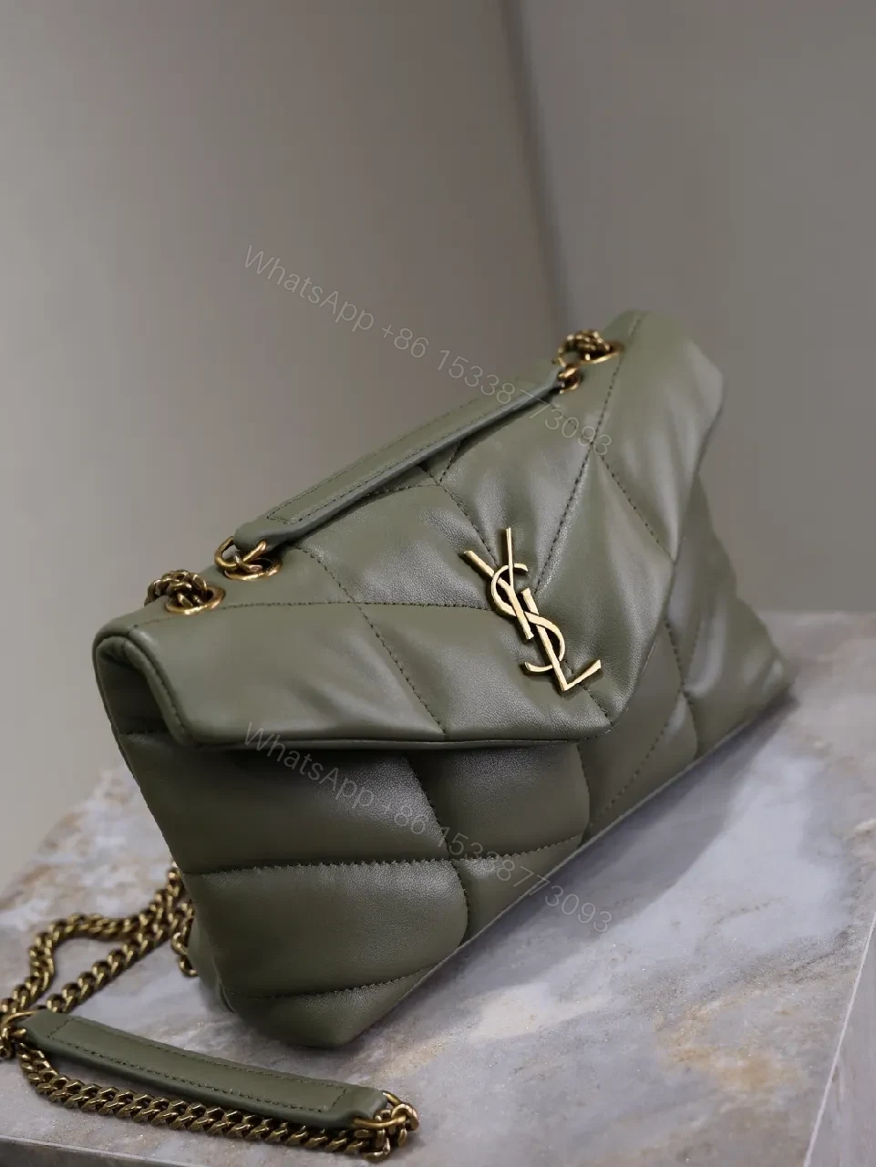 View 3 of Textured Olive Quilted Shoulder Bag with Gold Emblem, Compact Elegant Style