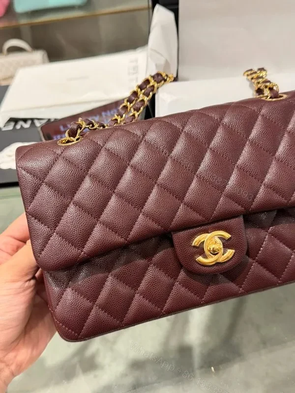View 9 of Chanel Classic Plum Red Color Like Auth Handbags With Lock Gold 25cm