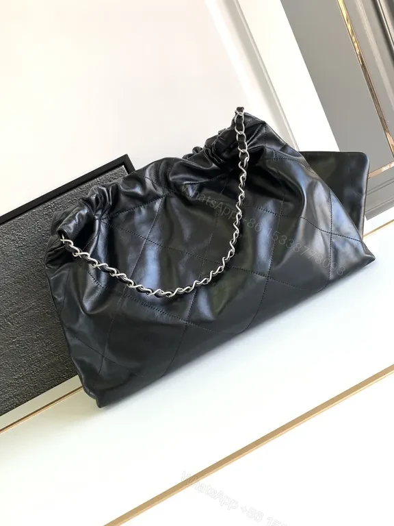 View 5 of Quilted Black Leather Tote with Chain - Luxe Everyday Bag