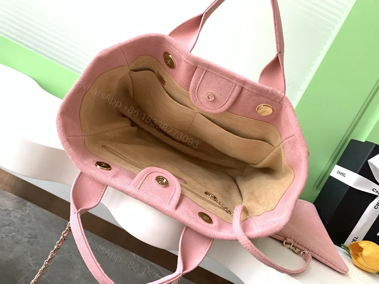 View 7 of Textured Straw Pink Tote with Chain Detail Bag