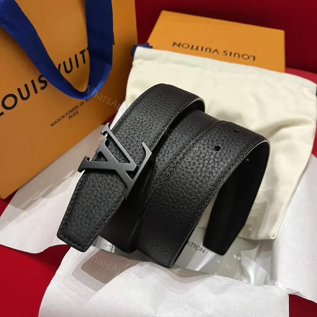 View 4 of Black Leather Belt with Silver LV Buckle - Sleek Classic Style