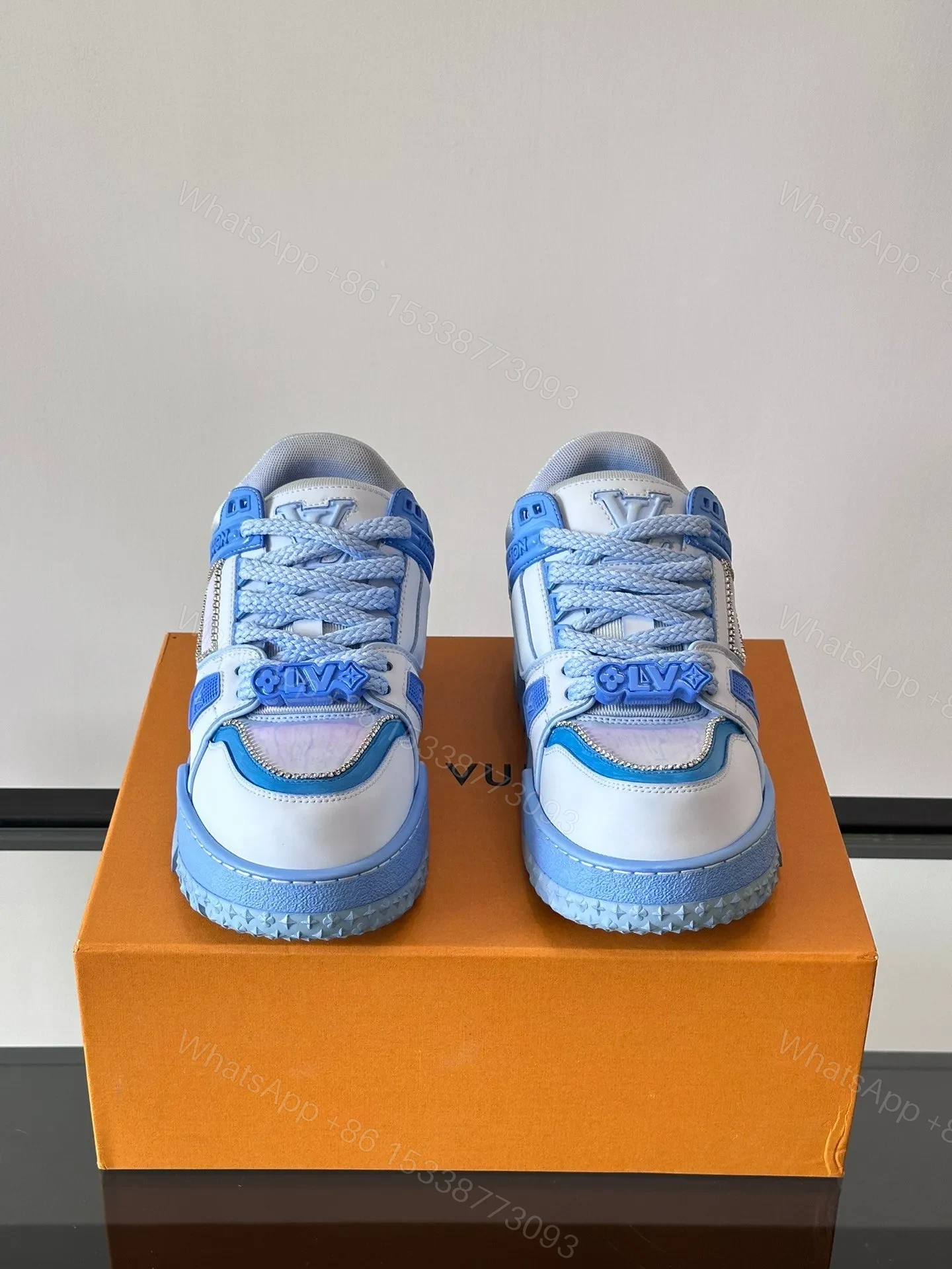 View 2 of LV Men Light Blue Leather And Fabric Sneakers