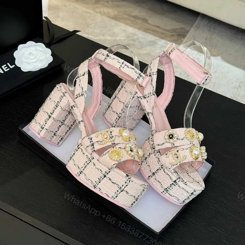 View 7 of Chanel-Inspired Pink Tweed Slingback Heels with Embellished Straps