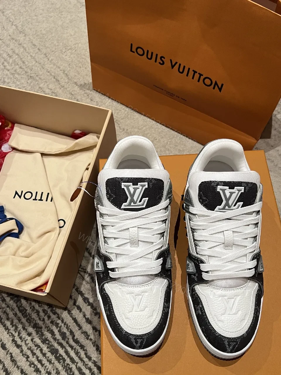 View 7 of Two-Tone White & Black Leather Low-Top Sneaker with Luxury Details