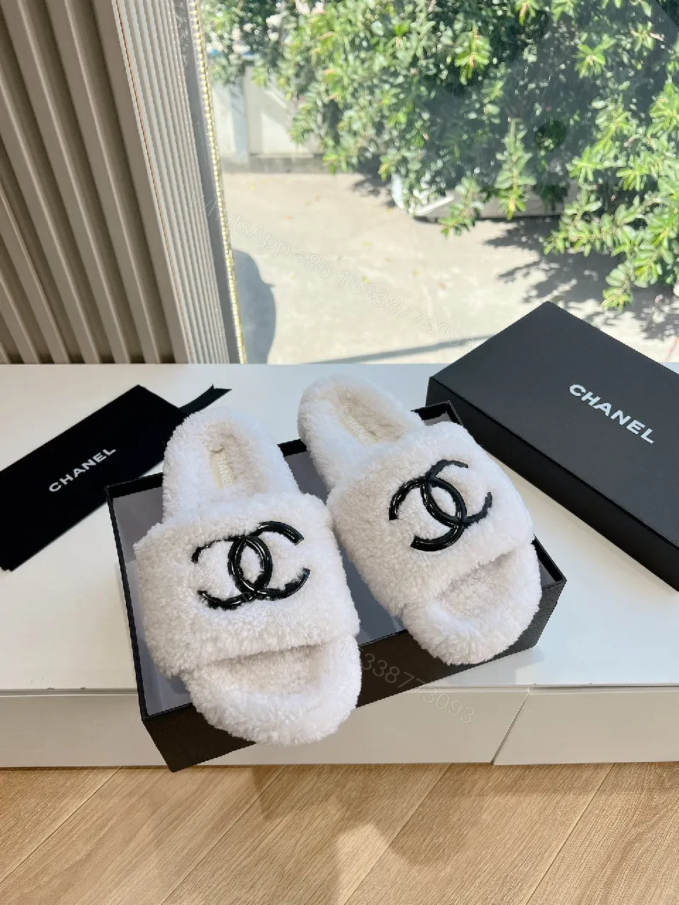 White Fuzzy Slides with Logo Detailing, Luxe Comfort Slide — view 1