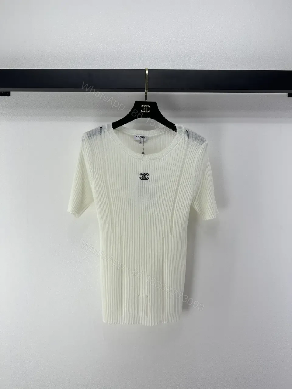 View 3 of Minimalist Ribbed Knit Tee with Subtle Crest Logo - White/Creme, Premium Knit, Crewneck Tee