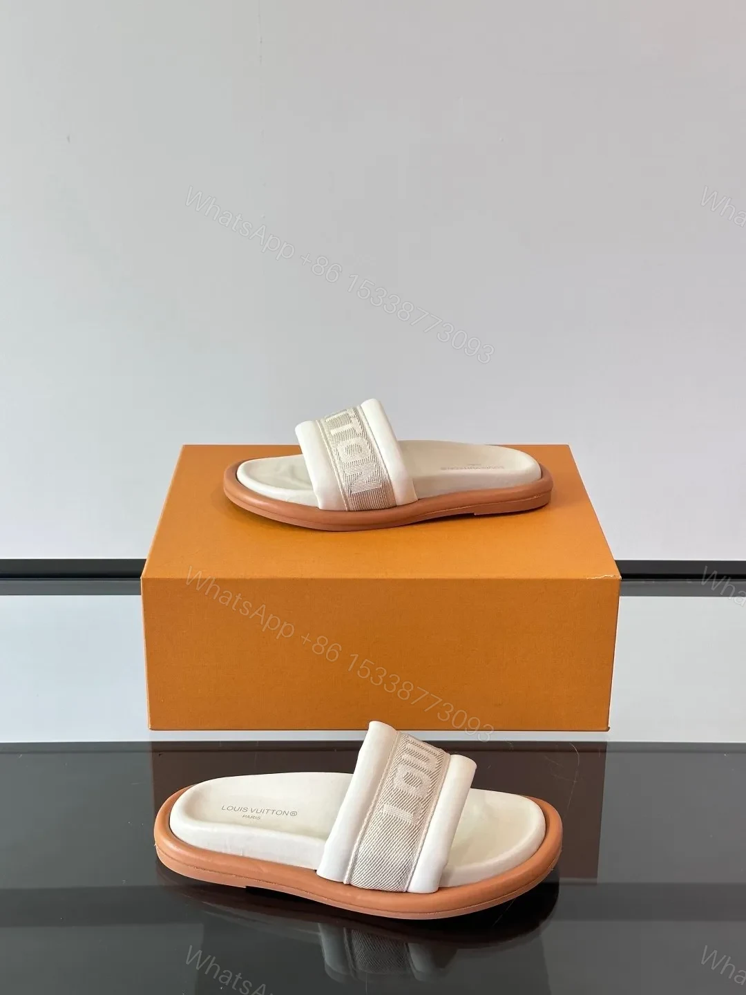 View 4 of LV Men Beige Fabric Slides With Brown Sole